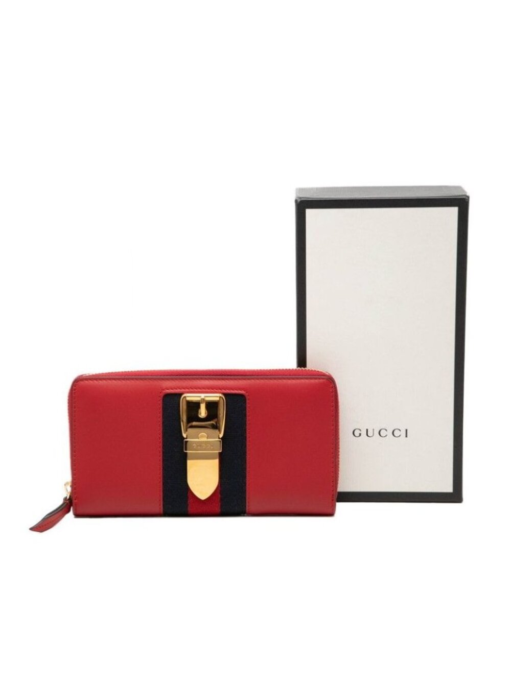 Gucci Sylvie Sherry Line Wallet Zip Around Red Navy Leather - Picture 7 of 7